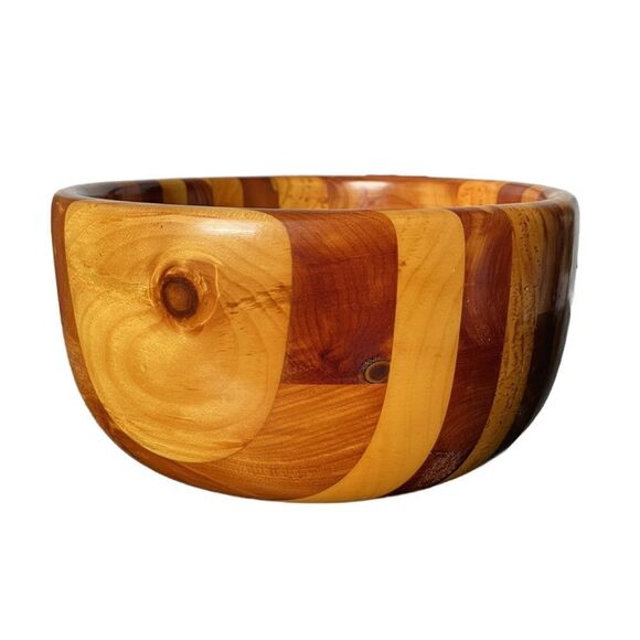 Handmade in Maine Maple and Cherry Wood Striped Wooden Serving Bowl - Picture 2 of 10